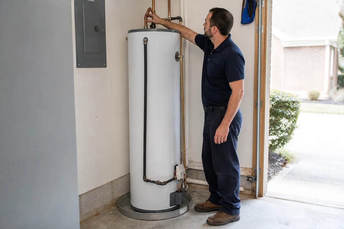 Licensed plumber working on a water heater in Lawrenceville