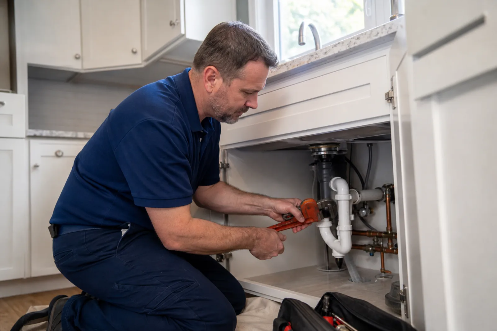 Plumber repairing a fixture in Lawrenceville